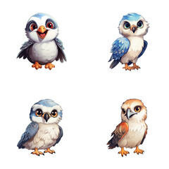 set of happy cute falcon watercolor illustrations for printing on baby clothes, pattern, sticker, postcards, print, fabric, and books