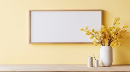  a vase with yellow flowers in front of a picture frame.  generative ai