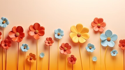  a bunch of colorful flowers on a yellow background with a pink wall.  generative ai