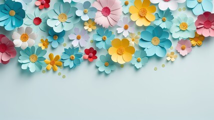  a bunch of paper flowers on a blue background with a white background.  generative ai