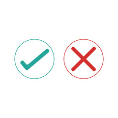 green check marks and red crosses. Circle and square, hard and rounded corners. Set of flat buttons icon. correct and wrong icon.