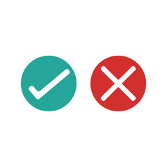 green check marks and red crosses. Circle and square, hard and rounded corners. Set of flat buttons icon. correct and wrong icon.