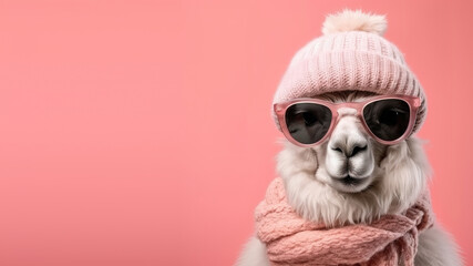 Cute lama alpaca wearing winter knitted hat, scarf and sunglasses , isolated on the pink background with copy space