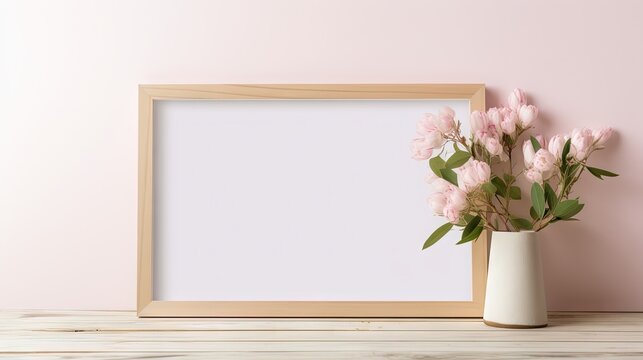  a vase with pink flowers in front of a picture frame.  generative ai