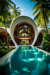 Obraz na płótnie Canvas Eco architecture, eco friendly villa in the jungle with a swimming pool.