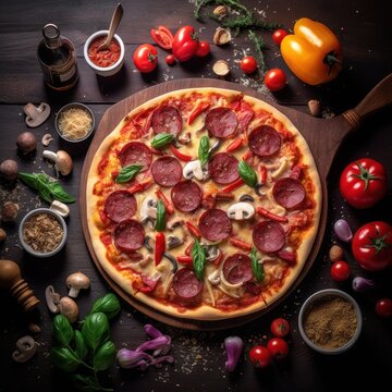 pizza with salami tomatoes and olives