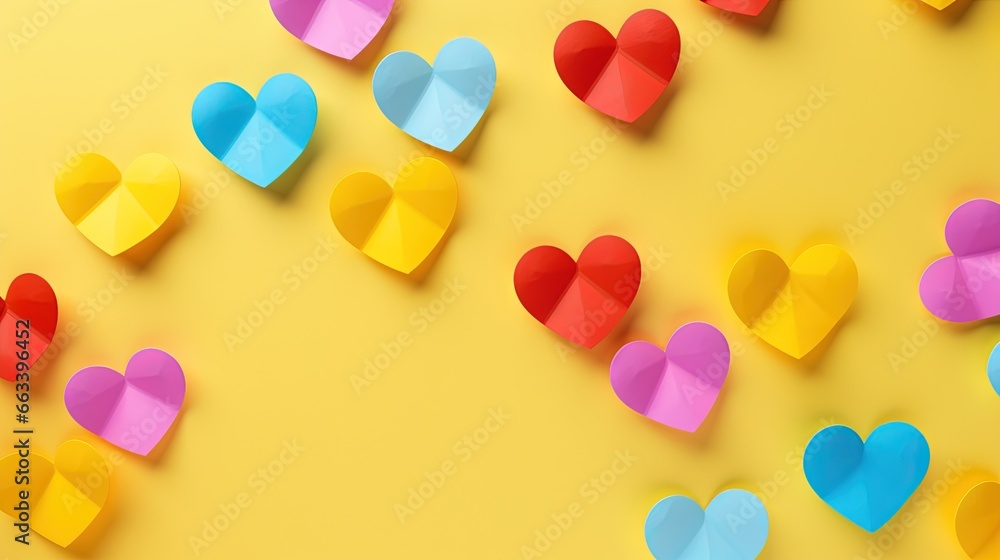 Poster a group of paper hearts on a yellow background with a red one. generative ai