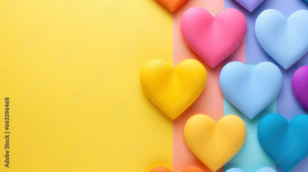 Poster a group of hearts on a yellow and pink background with a diagonal border. generative ai