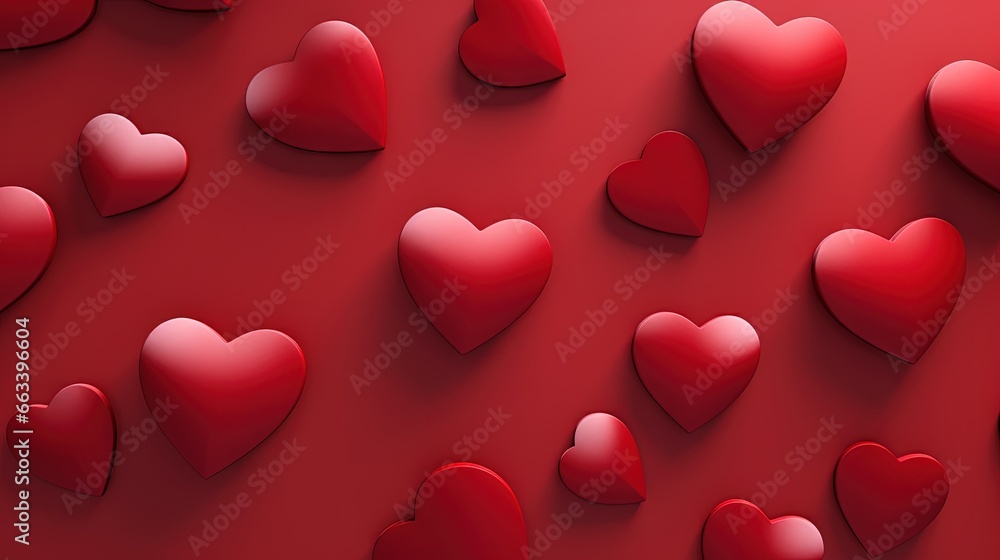 Poster a bunch of red hearts floating in the air on a red background. generative ai