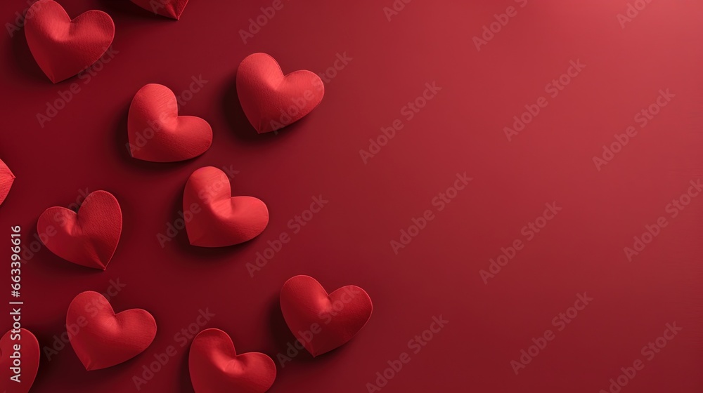 Poster a bunch of red hearts floating in the air on a red background. generative ai