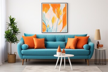Scandinavian style home interior design of modern living room, teal sofa with orange pillows against white wall with poster