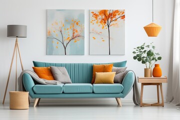 Scandinavian style home interior design of modern living room, teal sofa with orange pillows against white wall with poster