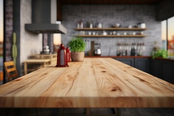 Fototapeta na wymiar Wood tabletop resting on a blurred kitchen countertop surface