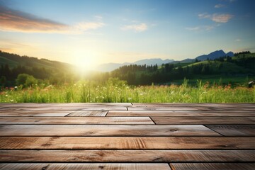 Naklejka premium Wooden floor planks against a scenic backdrop of natural beauty