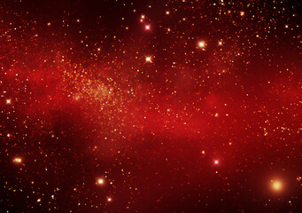 Elegant luxurious red background adorned with shimmering yellow gold stars and small bokeh, creating internationally renowned graphic for various festive celebrations. Generative AI.