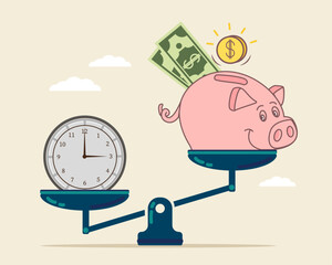 Vector watches and piggy bank with money are on scales. The concept of weighing time and money to find a balance in life.
