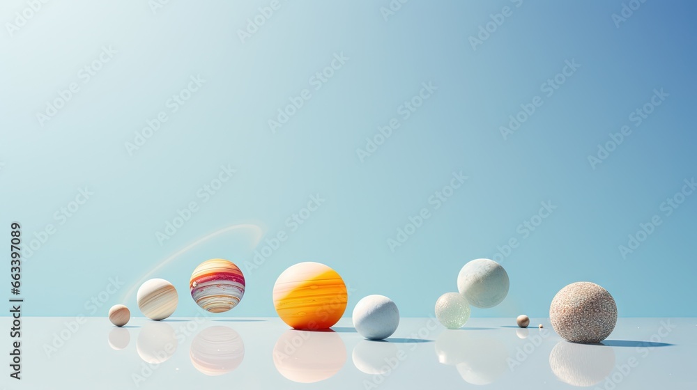 Poster a group of different colored balls sitting on top of a table. generative ai