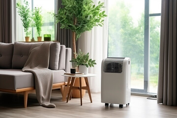 Portable mobile air conditioner in the living room interior. - obrazy, fototapety, plakaty