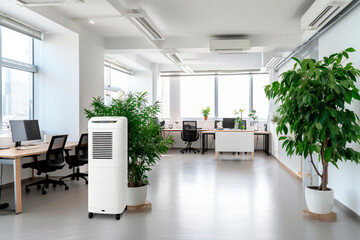 Portable mobile air conditioner in office interior. - obrazy, fototapety, plakaty