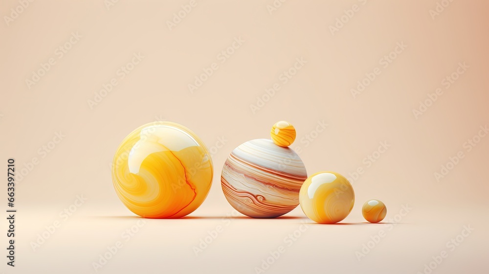 Poster  a group of three marbled objects sitting on top of a table.  generative ai