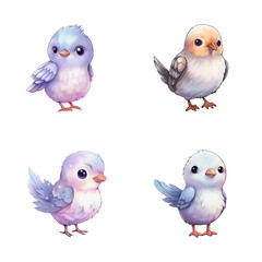 set of happy cute dove watercolor illustrations for printing on baby clothes, pattern, sticker, postcards, print, fabric, and books