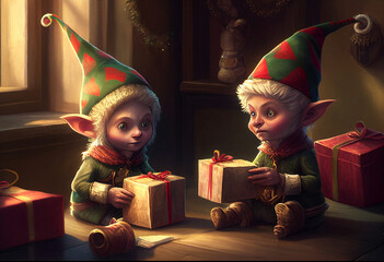 Elves wrapping presents. AI Generated