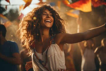 a beautiful young african woman dancing at the beach on a vacation in summer, at the party or music festival