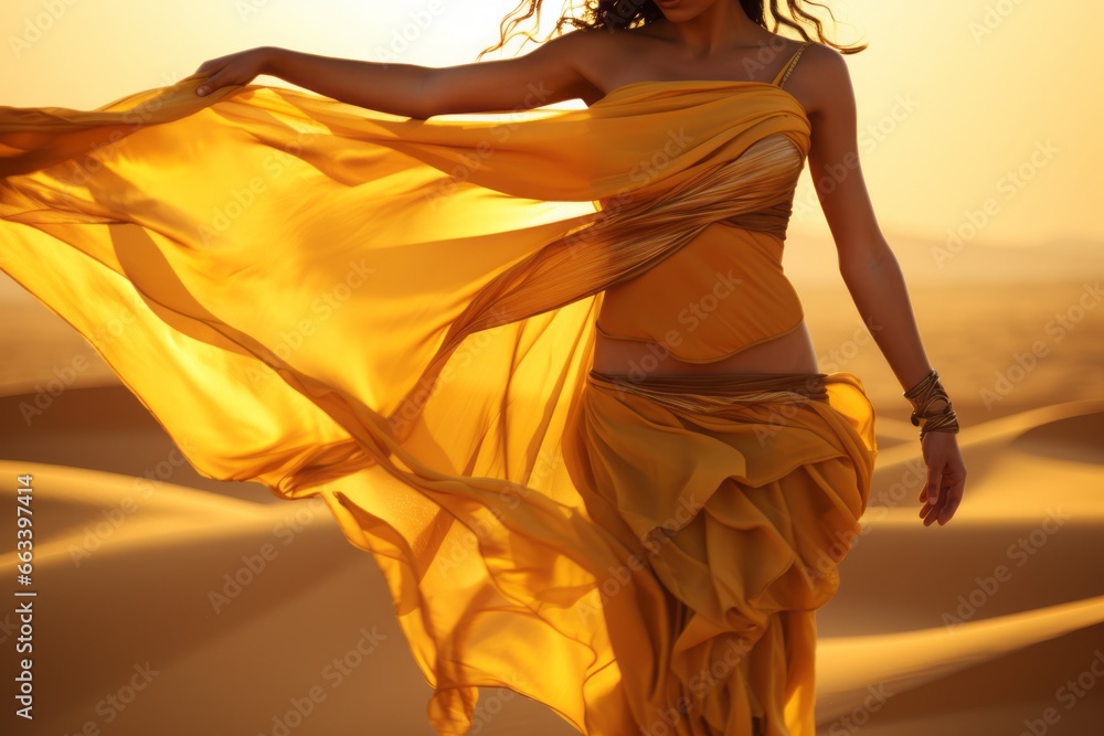 Canvas Prints a close-up portrait of a beautiful gorgeous arabian oriental bellydancer in golden yellow flowy cost