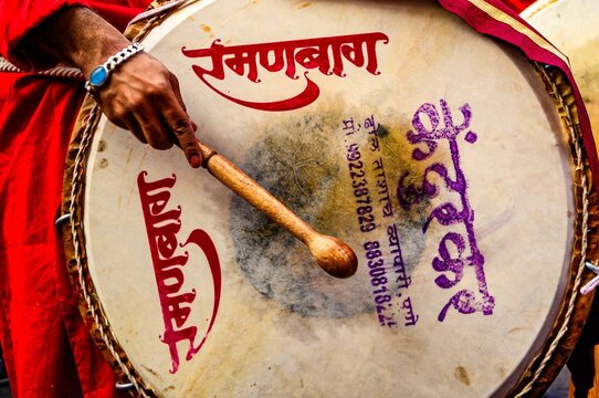 a closeup of drums, Procession with Dhol Tasha during Miravnuk 2023, Ganesh Visarjan in Berlin