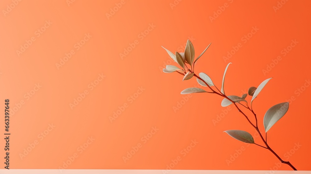 Poster a branch with leaves on an orange background with a white border. generative ai