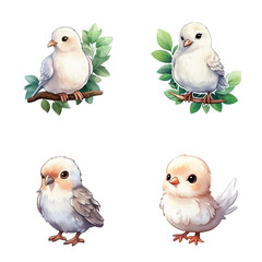 set of happy cute dove watercolor illustrations for printing on baby clothes, pattern, sticker, postcards, print, fabric, and books