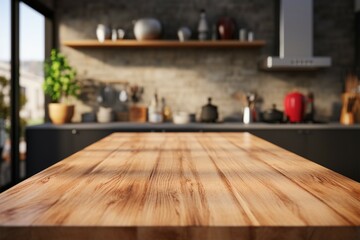 Wooden table surface placed on a kitchen counter with blur - obrazy, fototapety, plakaty