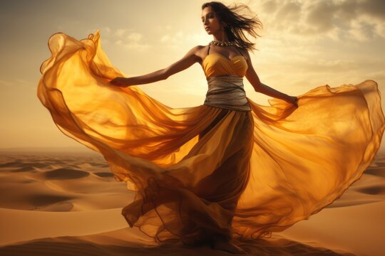 a close-up portrait of a beautiful gorgeous arabian oriental bellydancer in golden yellow flowy costume dancing traditional style of bellydance in the desert