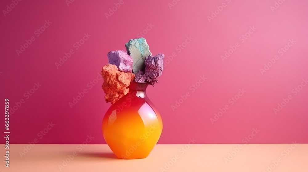 Poster a vase with a bunch of different colored rocks in it. generative ai
