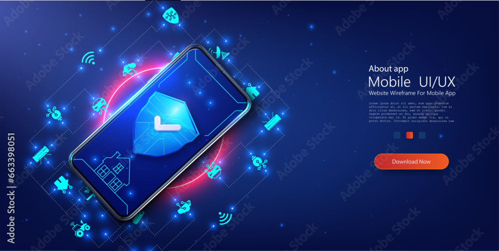 Poster sleek mobile interface design with glowing digital icons on a deep blue background for advanced user