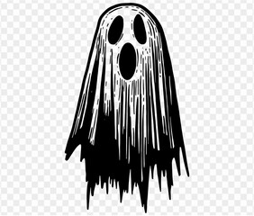 Cute and horrible ghost with  hand drawn  isolated on  transparent PNG background. Element for Halloween silhouettes.Vector illustration.