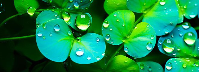 Close up macro shot of beautiful water drops on leaf clover background.abstract detailed foliage.quietly poetic concepts.environmental and ecology. - Powered by Adobe
