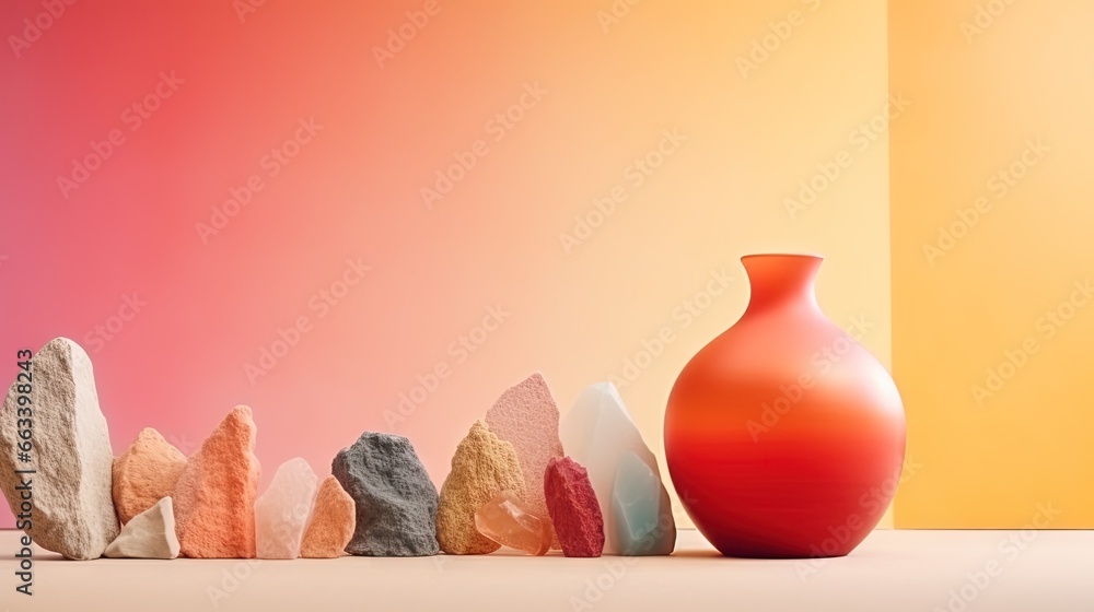 Poster a red vase sitting in front of a row of rocks. generative ai