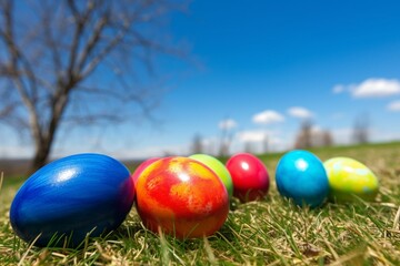 Fototapeta na wymiar colorful Easter eggs on a green lawn under a blue sky. Generative AI