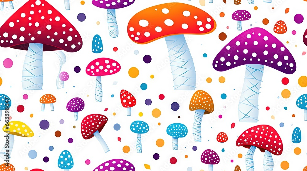 Poster a group of colorful mushrooms on a white background with polka dots. generative ai
