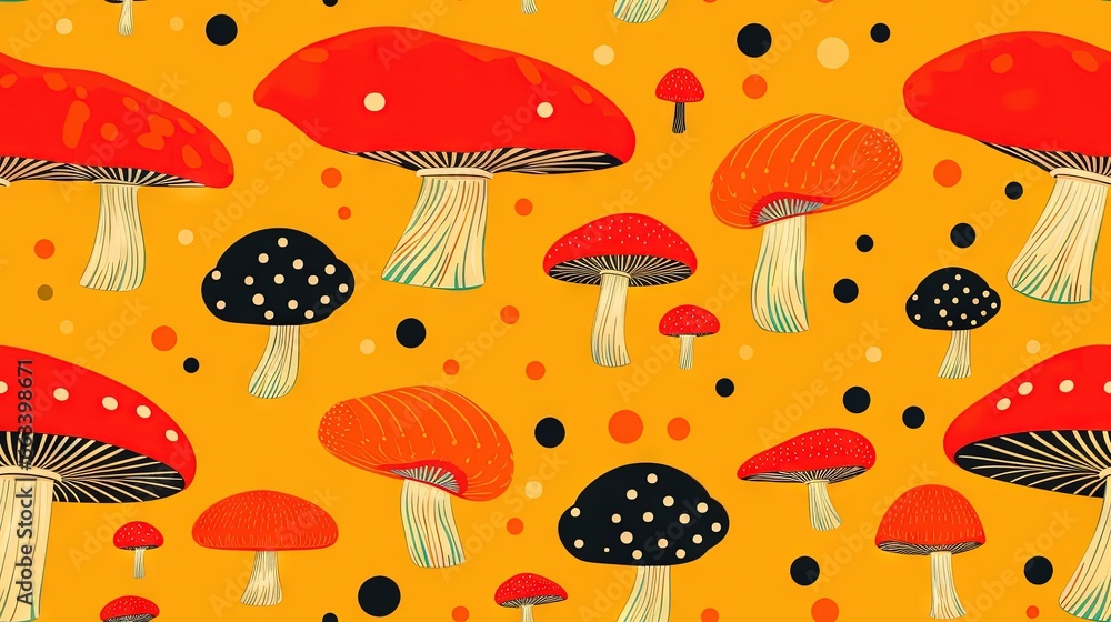 Poster a group of mushrooms on a yellow background with dots and dots. generative ai