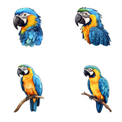 set of happy cute blue and gold macaw watercolor illustrations for printing on baby clothes, pattern, sticker, postcards, print, fabric, and books
