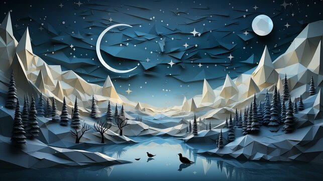 AI-generated image of a winter landscape in an origami paper quilling style