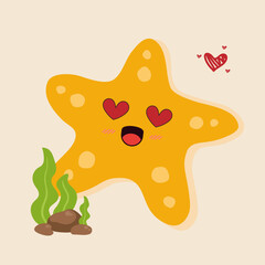 Vector cartoon yellow starfish in love illustration