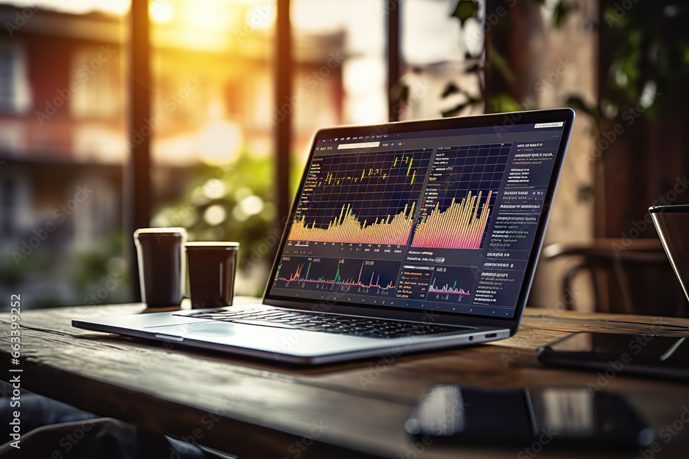 Poster financial analysis unveiled market analyst analyzing graphs and diagrams on laptop screen. created w