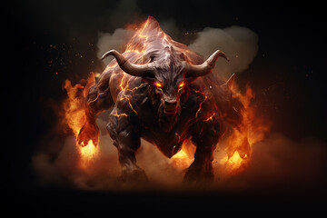 Image of angry bull devil with flames. Wild animal. illustration, generative AI. - obrazy, fototapety, plakaty
