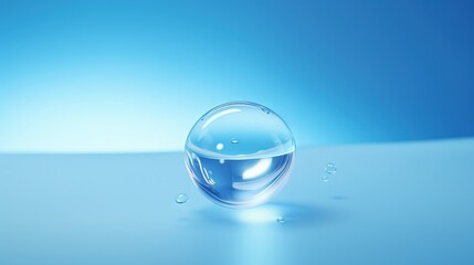 a glass ball with water droplets floating on a blue surface.  generative ai
