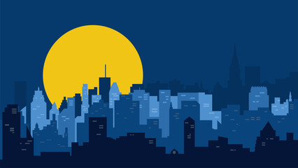 Illustration of beautiful full moon on night cityscape, urban landscape. Silhouette of night city against high-rise buildings with light windows on dark blue sky background. Flat style design for web.