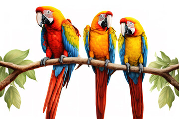 Group of macaw birds on a branch on a white background. Birds. Animals. Illustration, Generative AI.