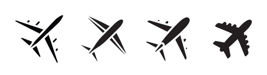 Collection of airplane silhouettes in different styles and angles. Vector icons for travel, transport, aviation, and flight themes. Design elements for logo, banner, poster, and web.